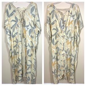 Z&L Tropical Leaf Print Kaftan Maxi Dress Metallic Embroidery Tassel